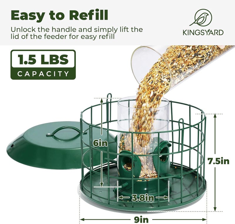 Kingsyard Tube Squirrel Proof Bird Feeders for Outdoor Hanging, Metal Caged Bird Feeder with Rain Proof Covered for Wildbirds Finches Bluebird, 4 Feeding Ports, Green - Image 5